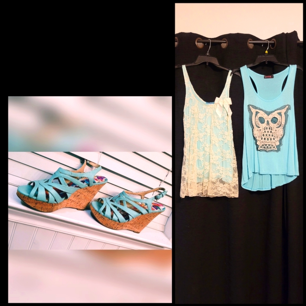 2 lace teal tank tops & pair of wedges